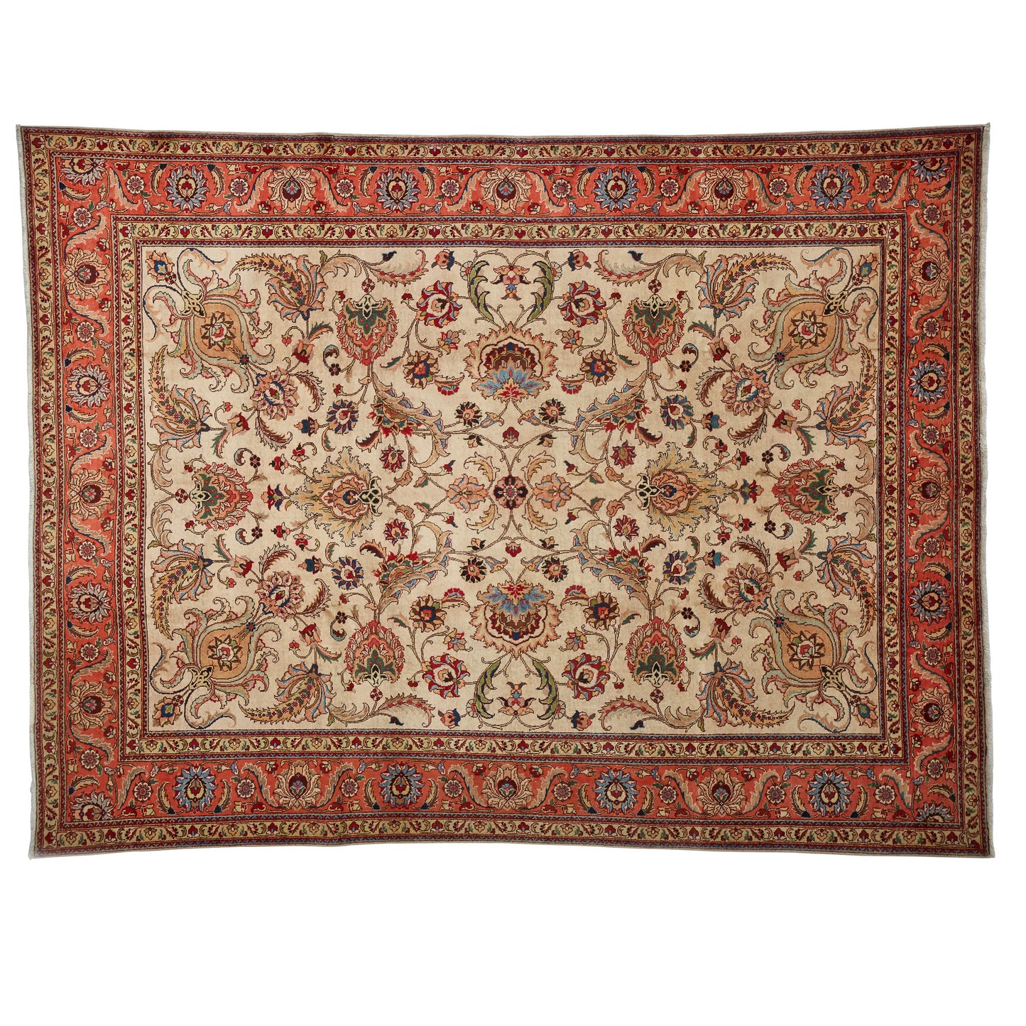 large tabriz rug, ivory, peach, pomegranate style, floral design