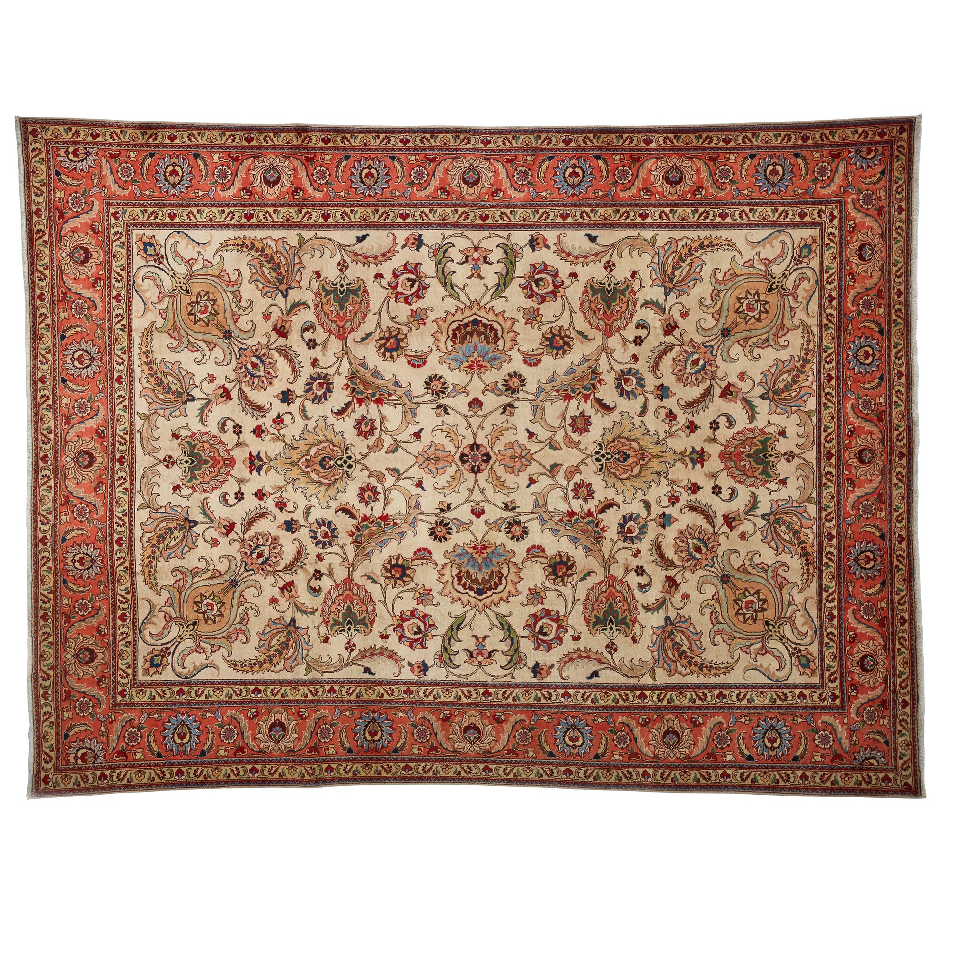 large tabriz rug, ivory, peach, pomegranate style, floral design
